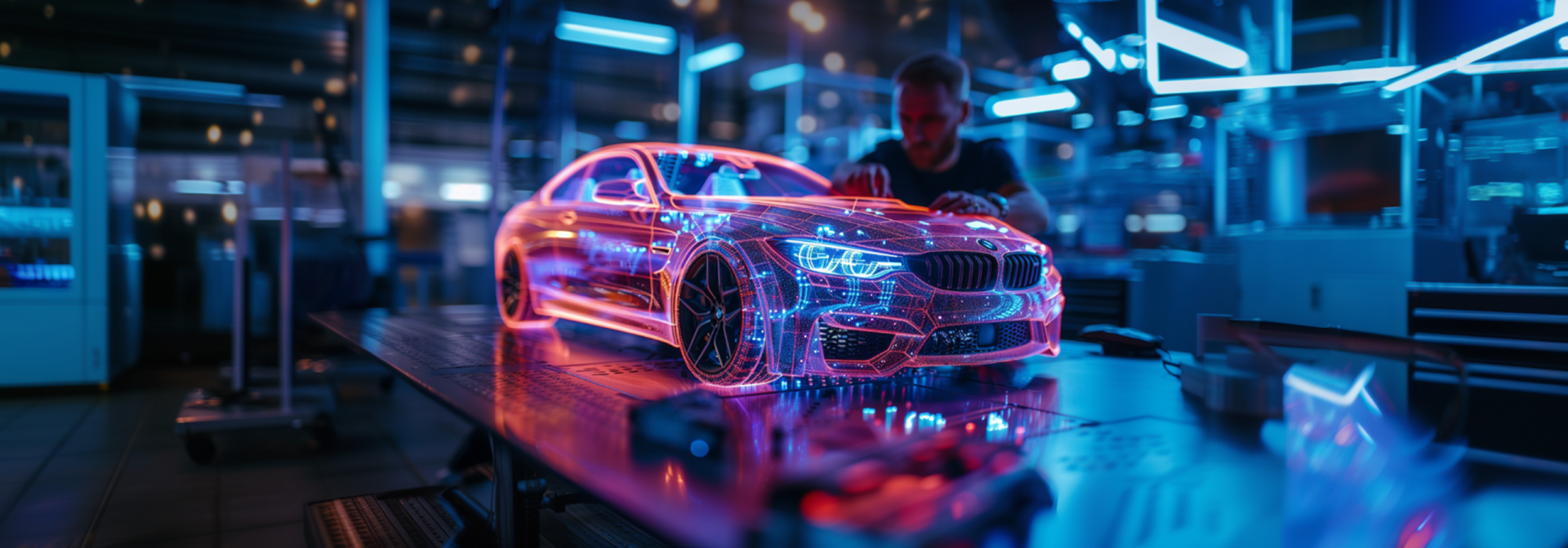 View of a work table on which stands a BMW Coupe made of lines of light, which appears to be controlled manually by a BMW employee. 