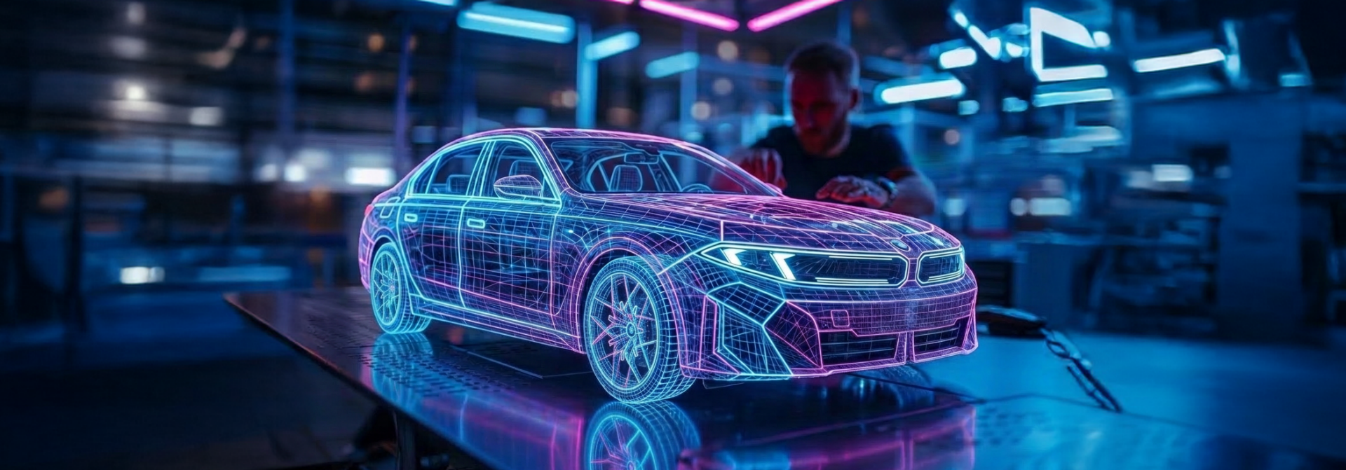 View of a work table on which stands a BMW Coupe made of lines of light, which appears to be controlled manually by a BMW employee. 
