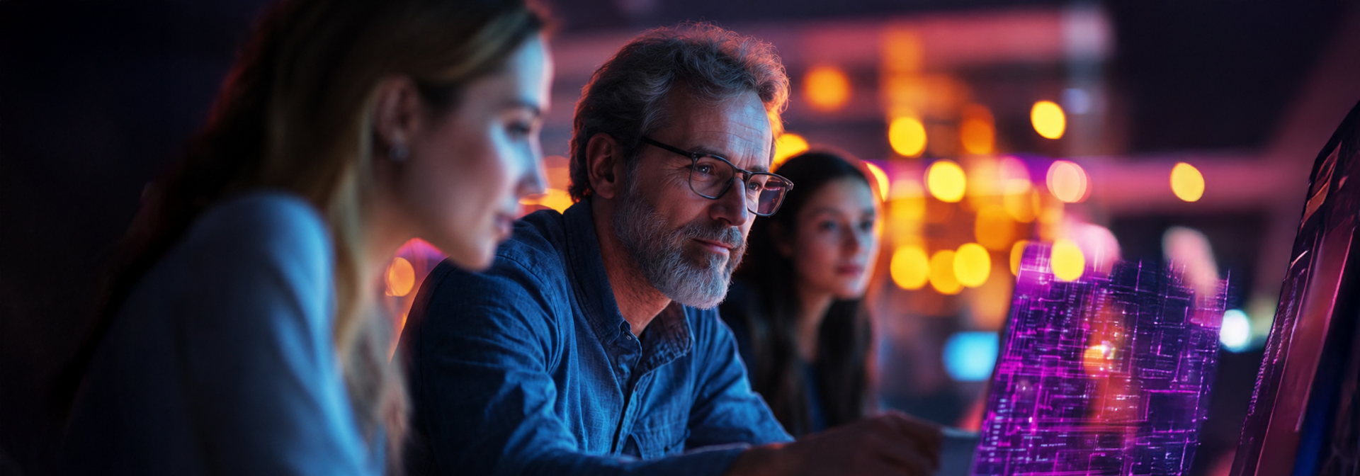 Several people sit in a darkened room and stare intently at an extremely wide monitor controlled by a laptop.