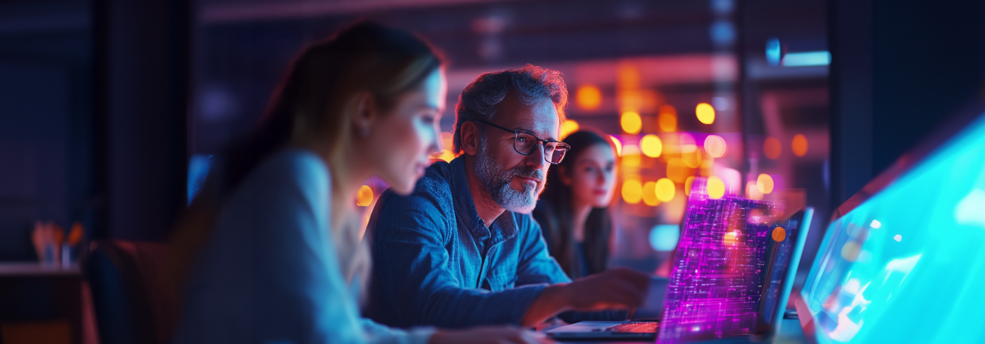 Several people sit in a darkened room and stare intently at an extremely wide monitor controlled by a laptop.
